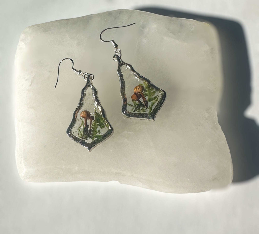 Whispering Woods - Handmade Silver Drop Mini Mushroom Forest Earrings