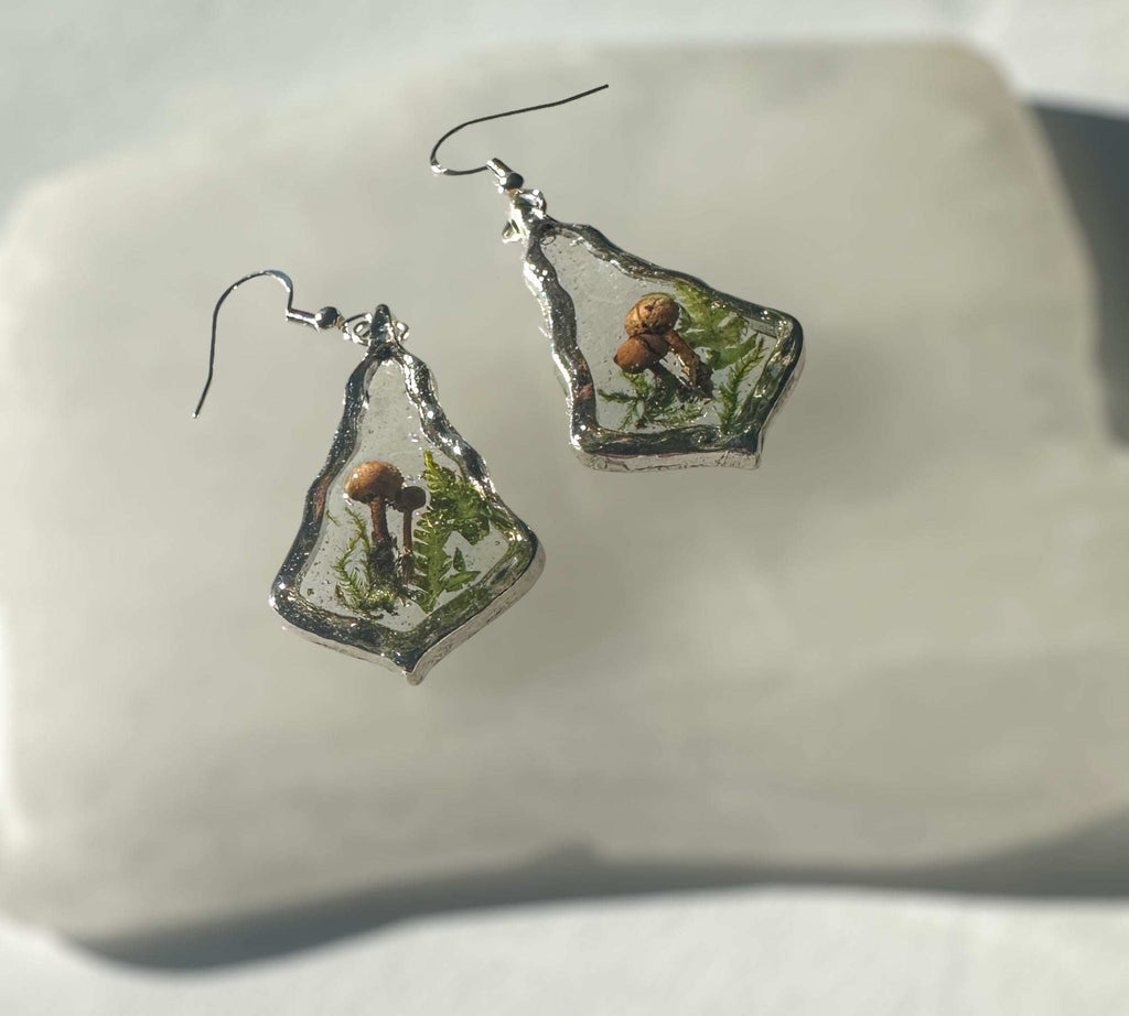 Whispering Woods - Handmade Silver Drop Mini Mushroom Forest Earrings