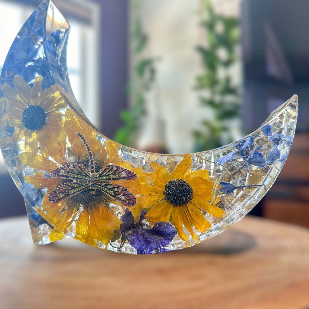 Tournesol céleste et lune : veilleuse en résine libellule et tournesol