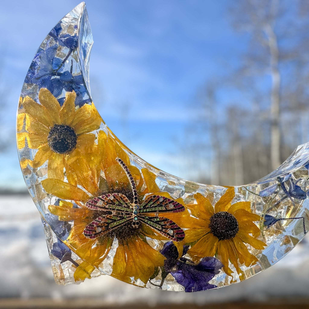 Tournesol céleste et lune : veilleuse en résine libellule et tournesol