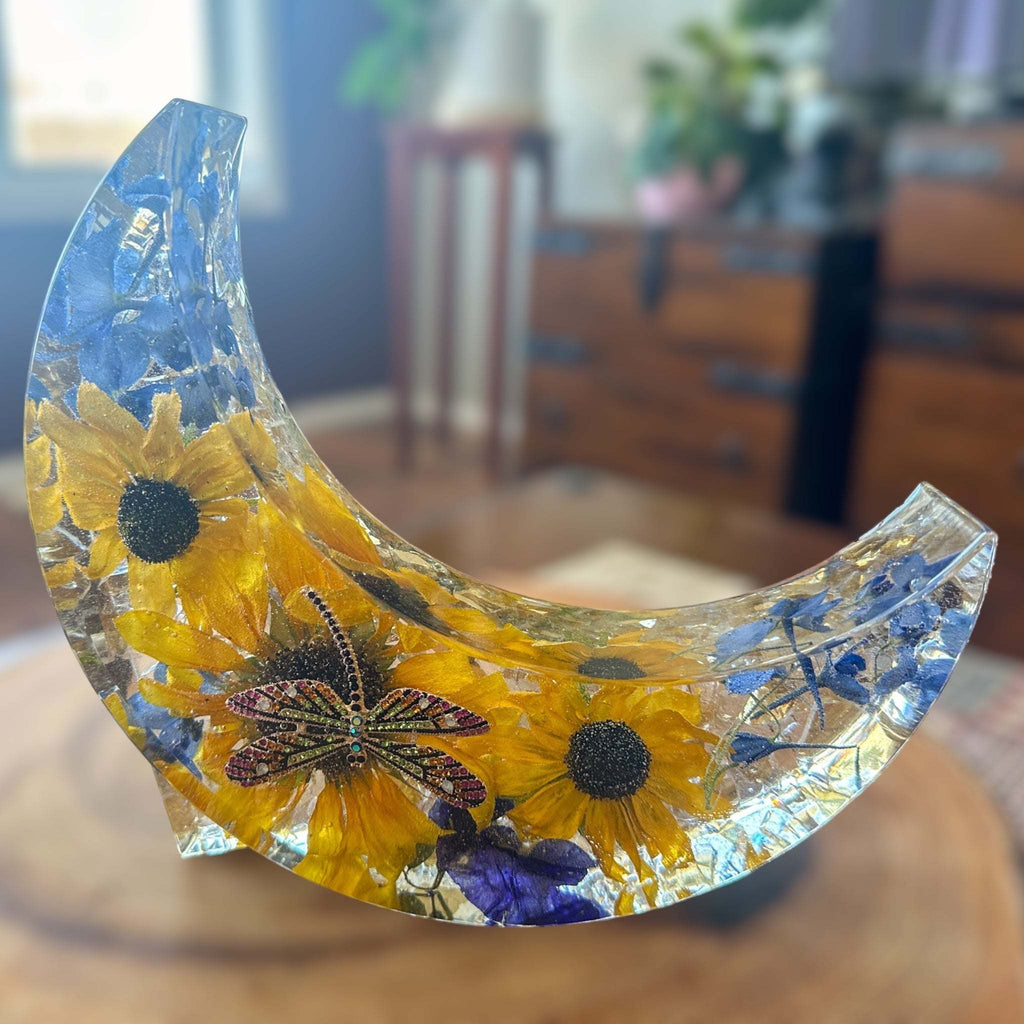 Tournesol céleste et lune : veilleuse en résine libellule et tournesol