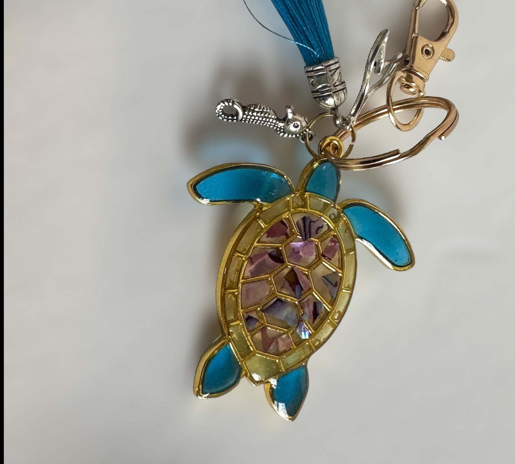 Turtle Keychain Ocean Inspired with Real Mother of Pearl Seashells