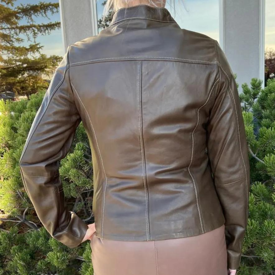 Veste en cuir d'agneau à col pressionné pour femme de Plonge Leathers