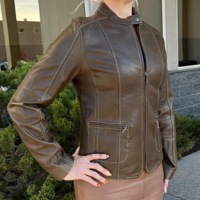 Veste en cuir d'agneau à col pressionné pour femme de Plonge Leathers