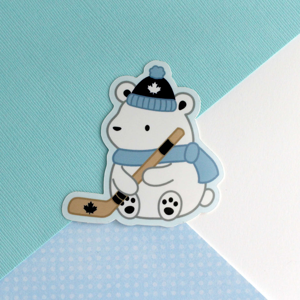 Autocollant en vinyle représentant un ours polaire jouant au hockey