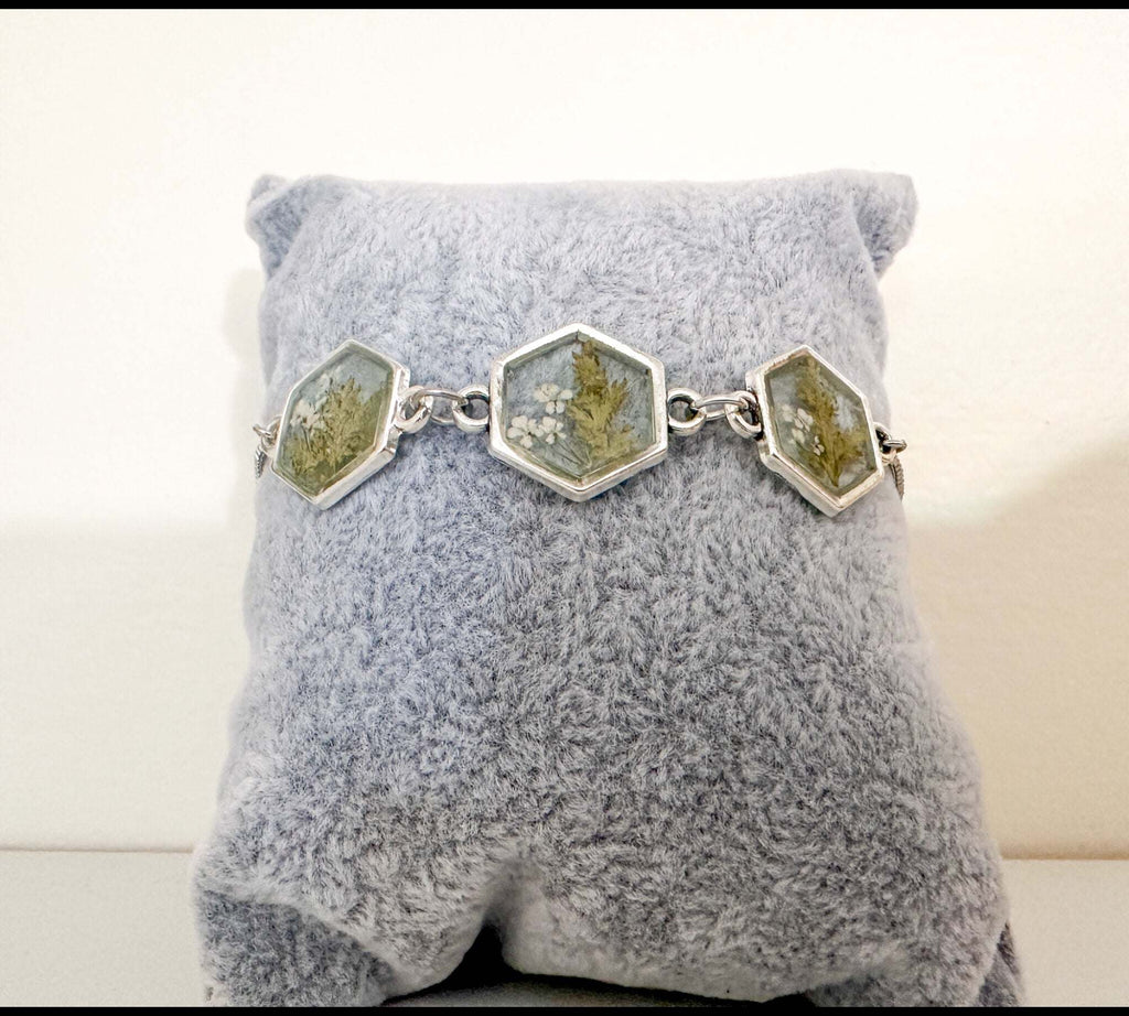 Fern Elegance: Silver Hexagon Handmade Trio Bracelet with Dried Botanicals