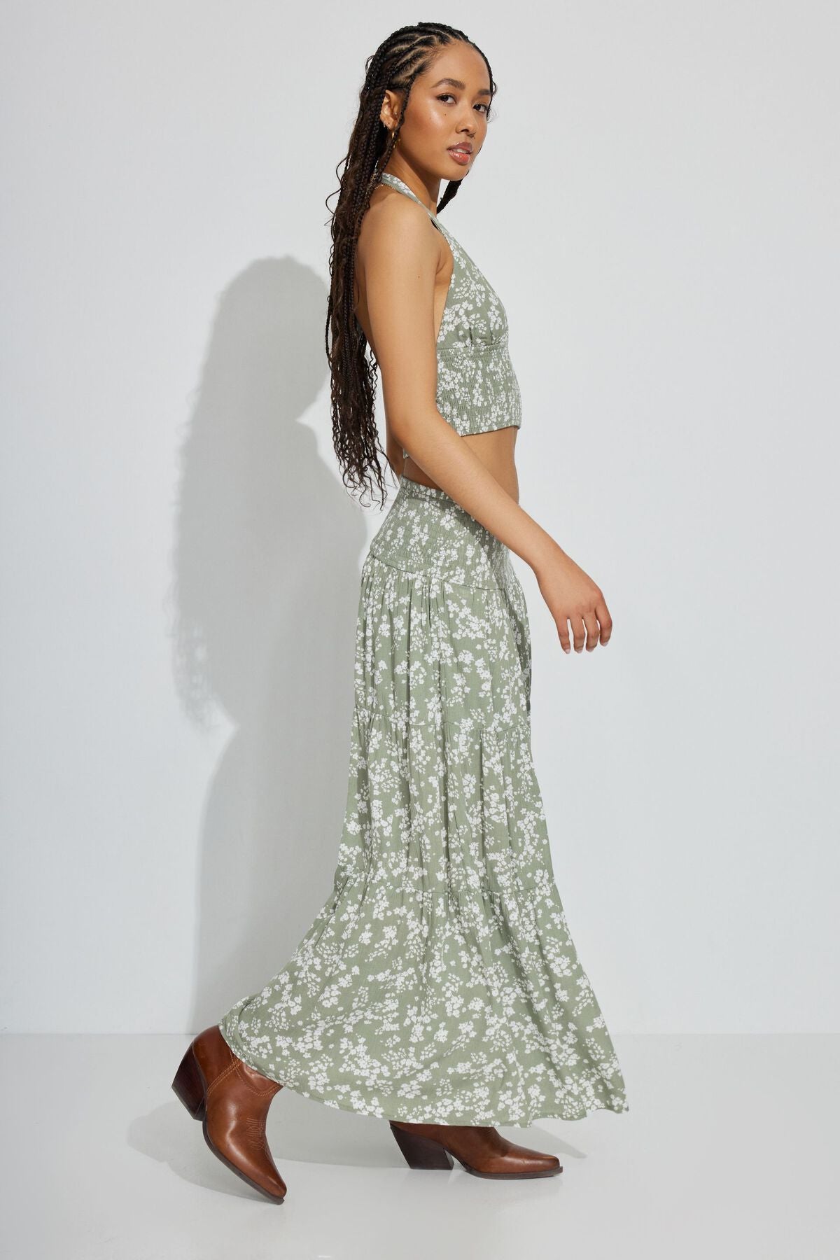 Jupe midi paysanne à smocks Eliana