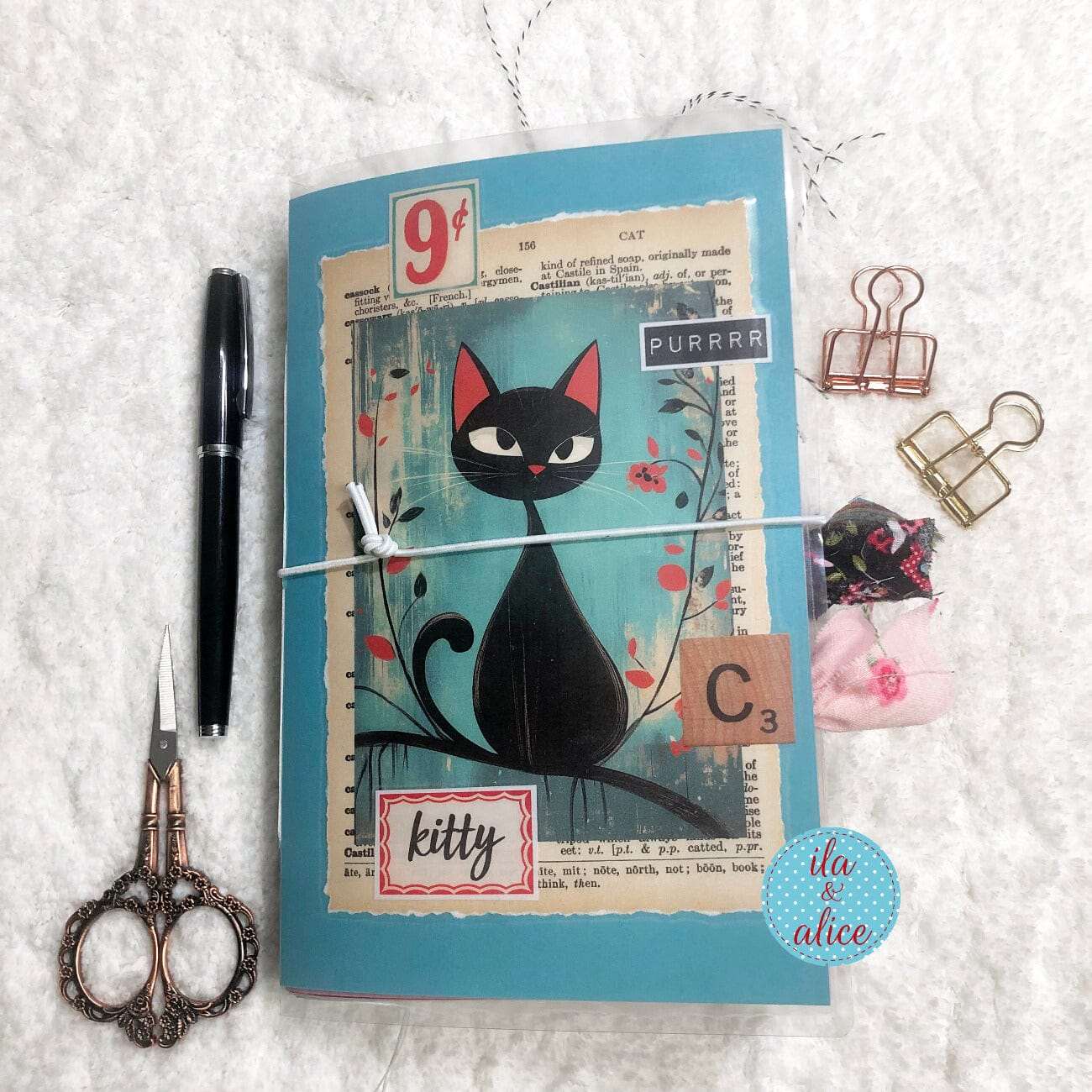 Cute Cat Junk Journal- Sweet Black Cat w Big Whiskers