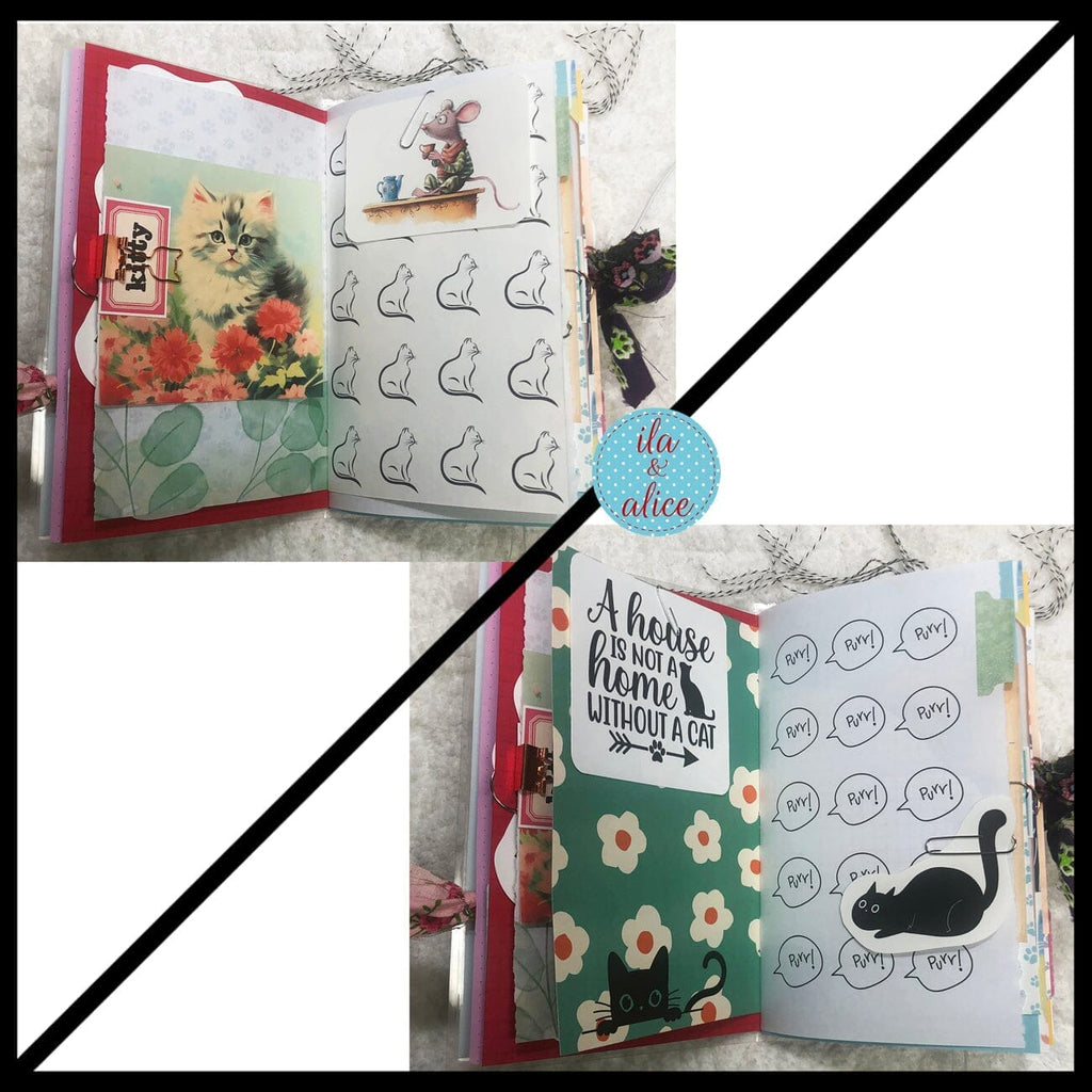 Cute Cat Junk Journal with Sweet Black Cat in a Vintage Red Dress