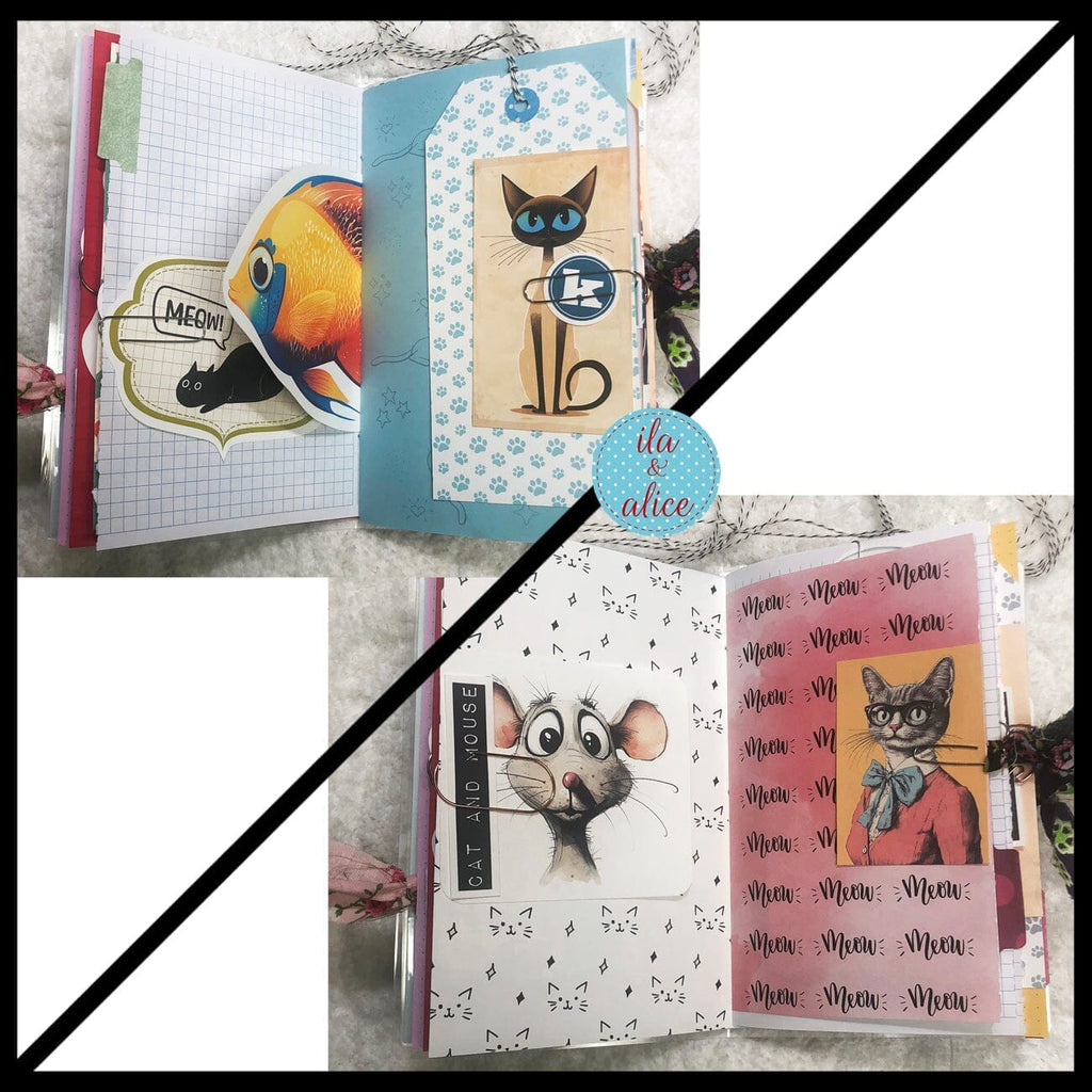 Cute Cat Junk Journal with Sweet Black Cat in a Vintage Red Dress