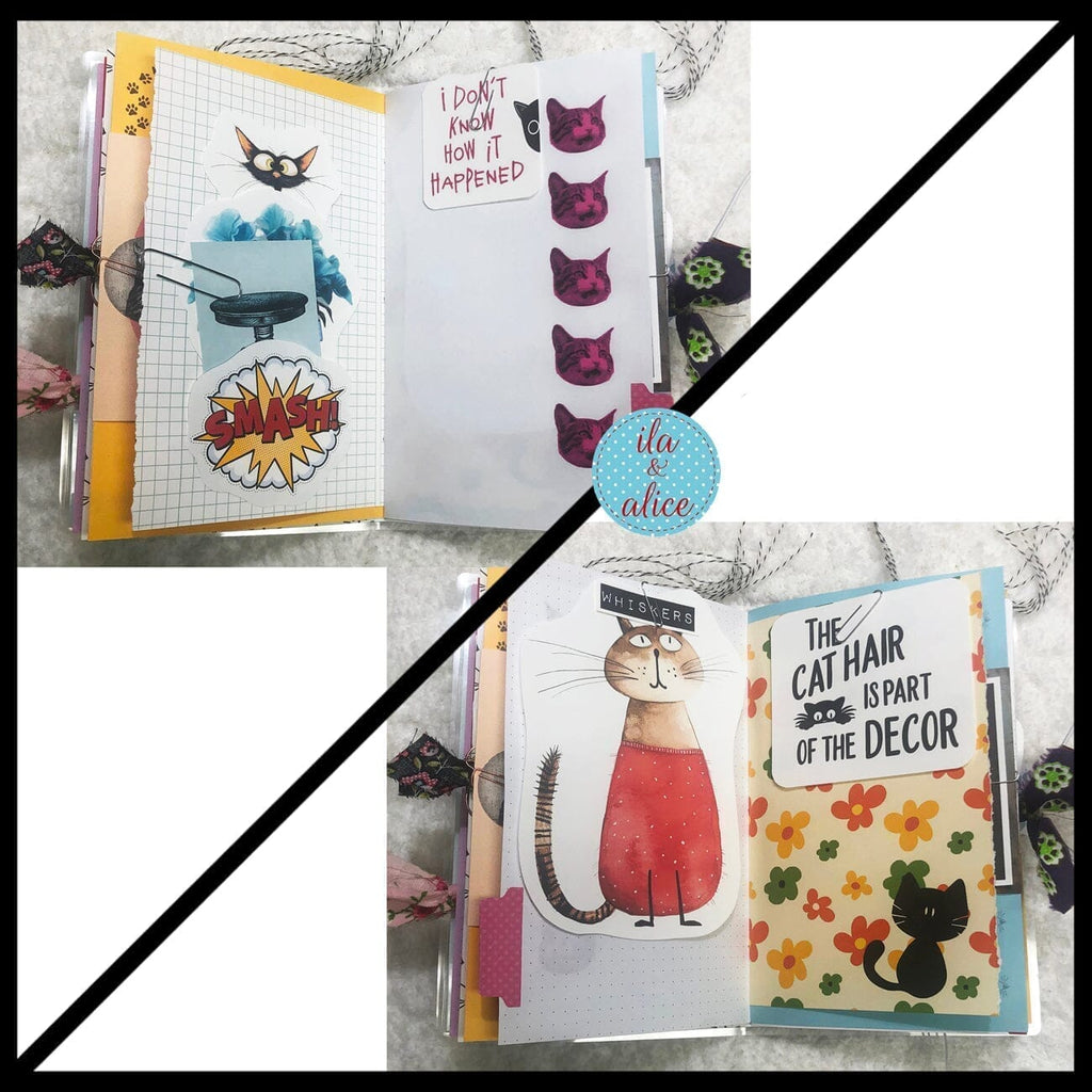 Cute Cat Junk Journal with Sweet Black Cat in a Vintage Red Dress