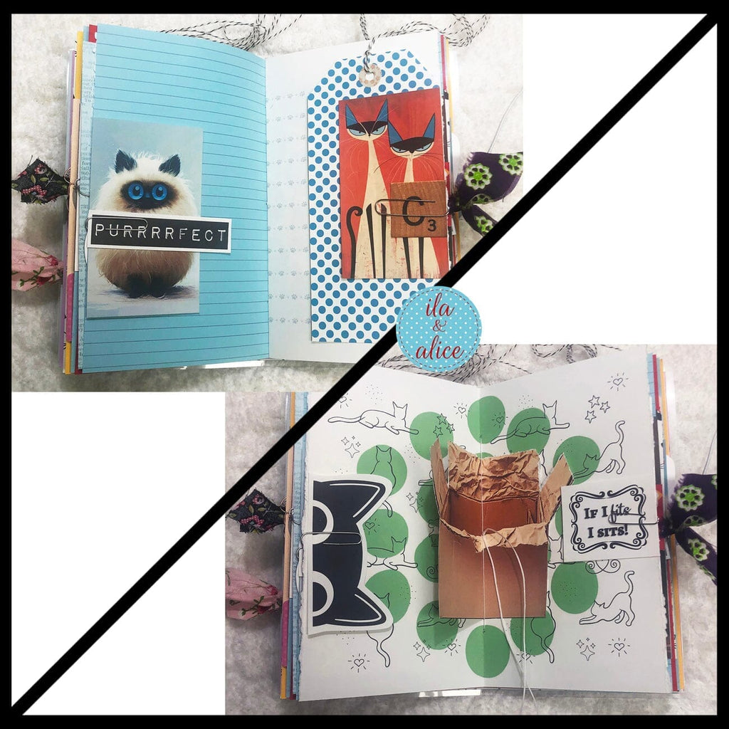 Cute Cat Junk Journal with Sweet Black Cat in a Vintage Red Dress