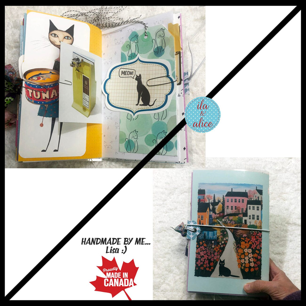 Cute Cat Junk Journal with Sweet Black Cat in a Vintage Red Dress