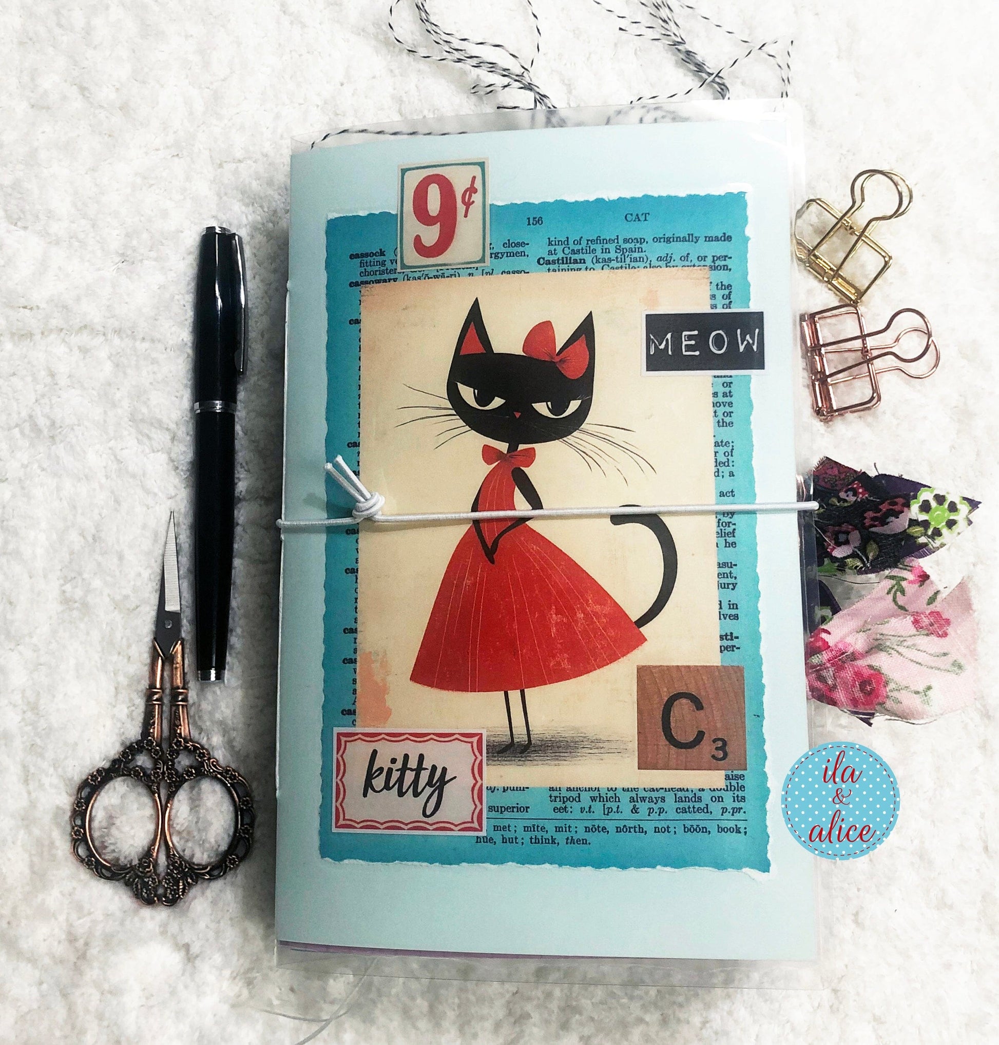 Cute Cat Junk Journal with Sweet Black Cat in a Vintage Red Dress