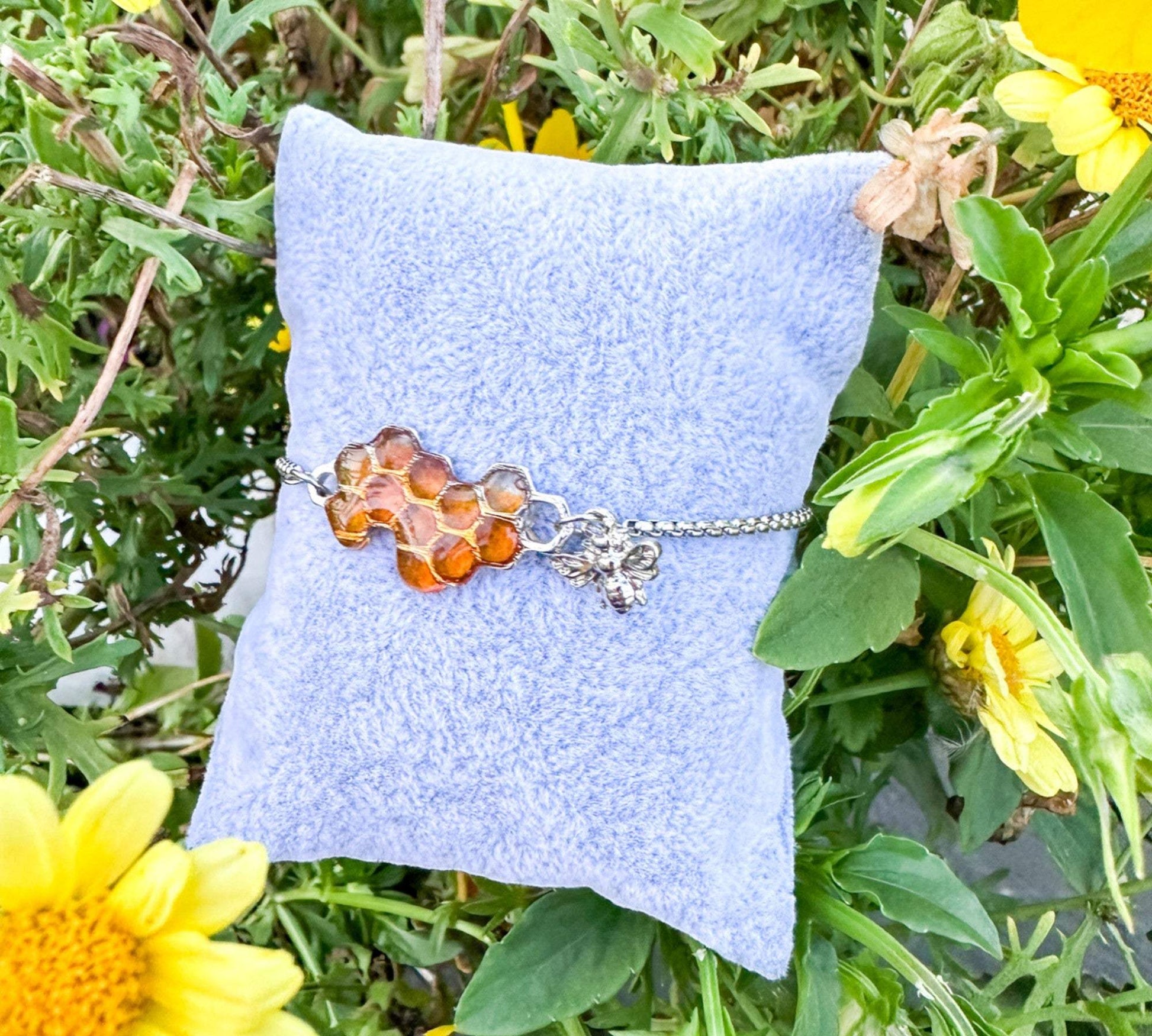 Dripping Honey Bee Bracelet - Handmade Silver Honeycomb & Bee Charm