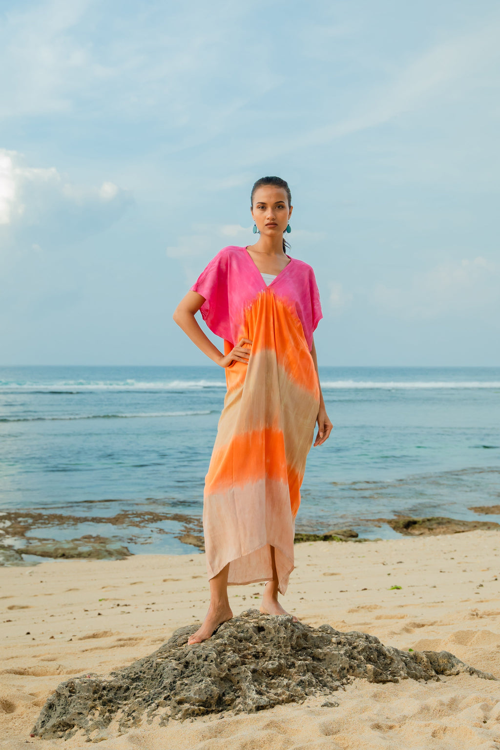 Ombre Strped Kaftan Dress - Pink & Orange