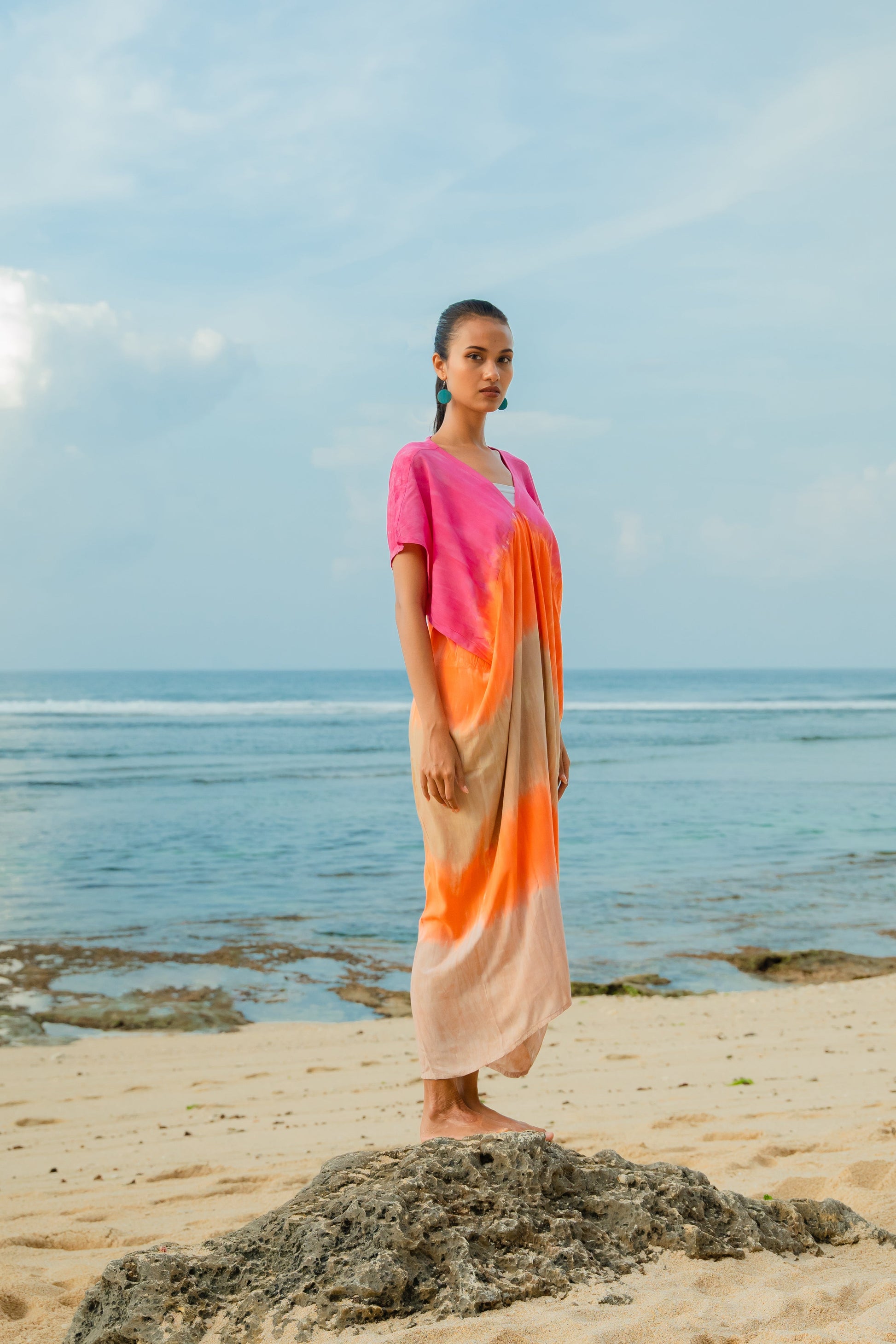 Ombre Strped Kaftan Dress - Pink & Orange