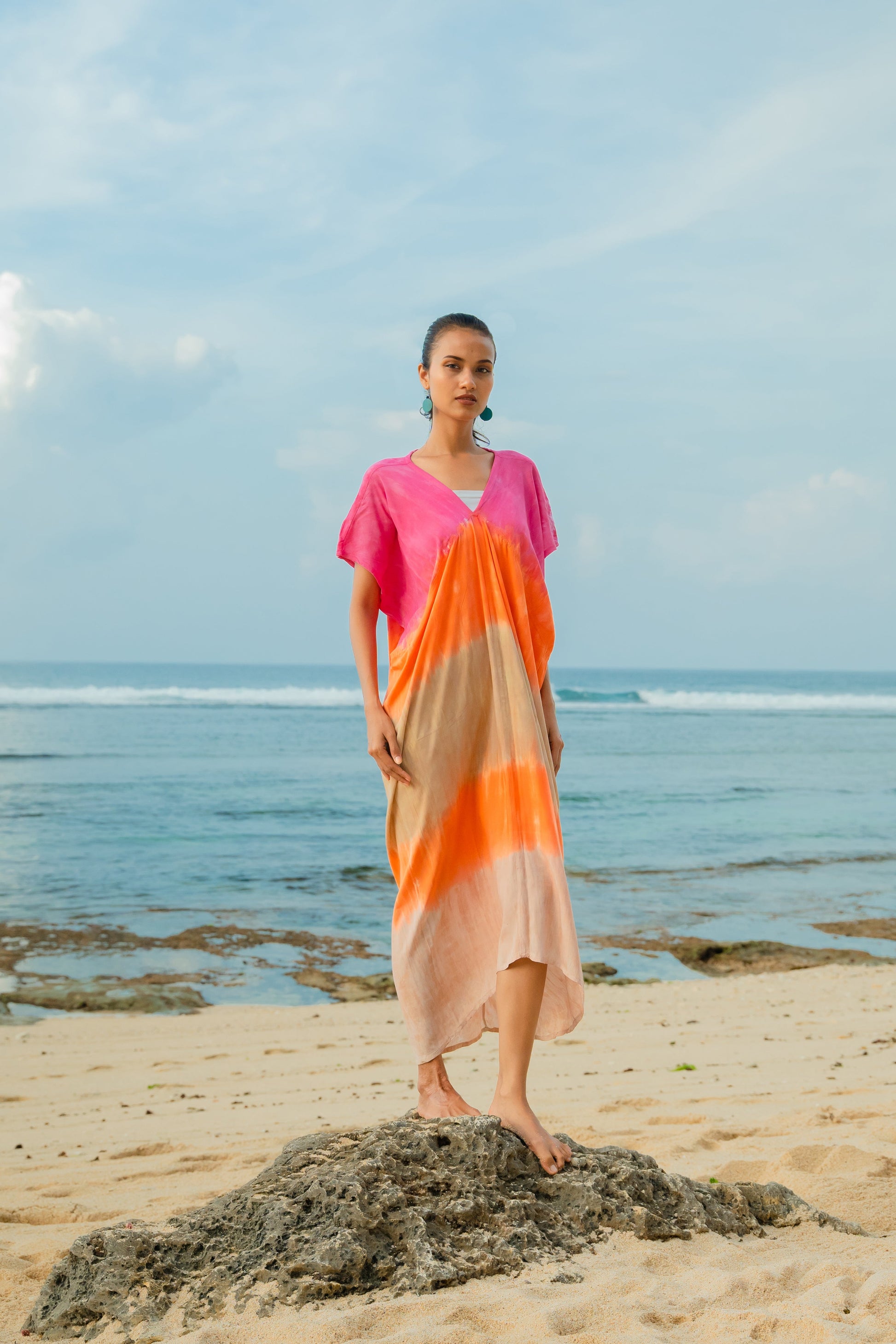 Ombre Strped Kaftan Dress - Pink & Orange