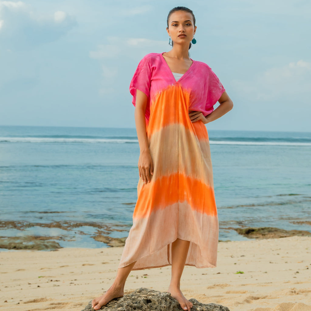 Ombre Strped Kaftan Dress - Pink & Orange