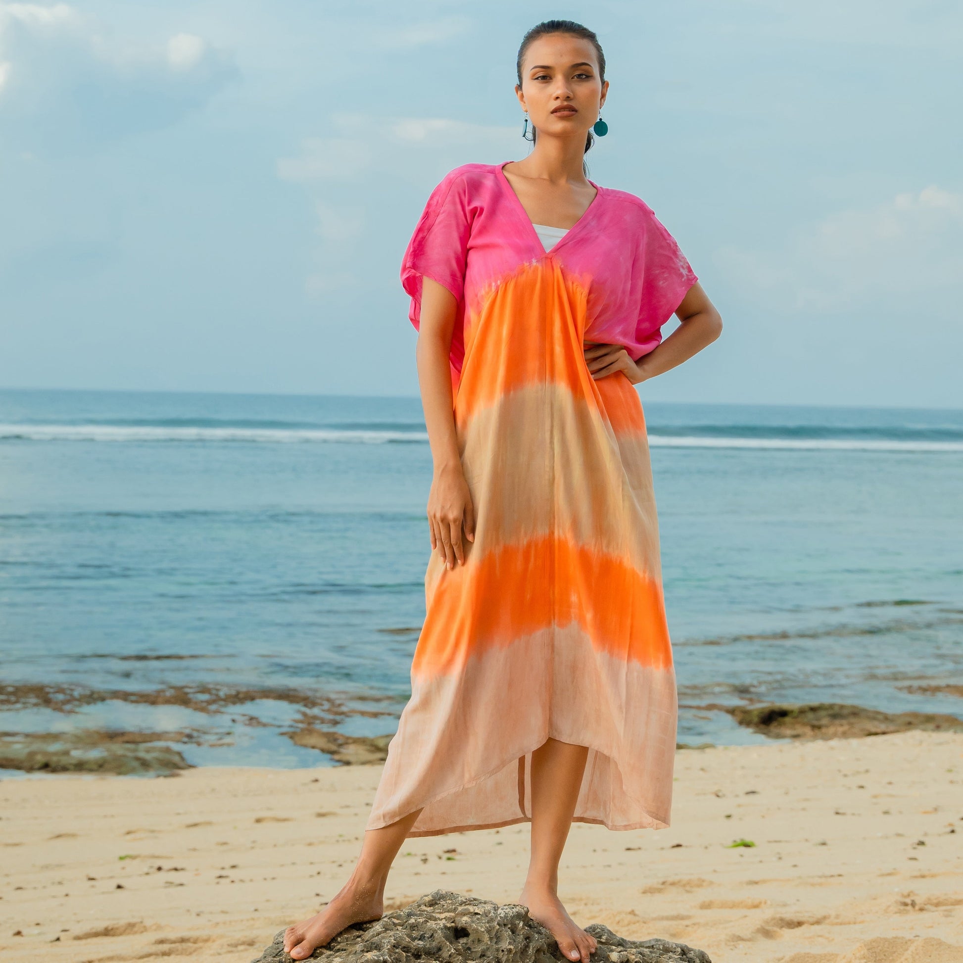 Ombre Strped Kaftan Dress - Pink & Orange