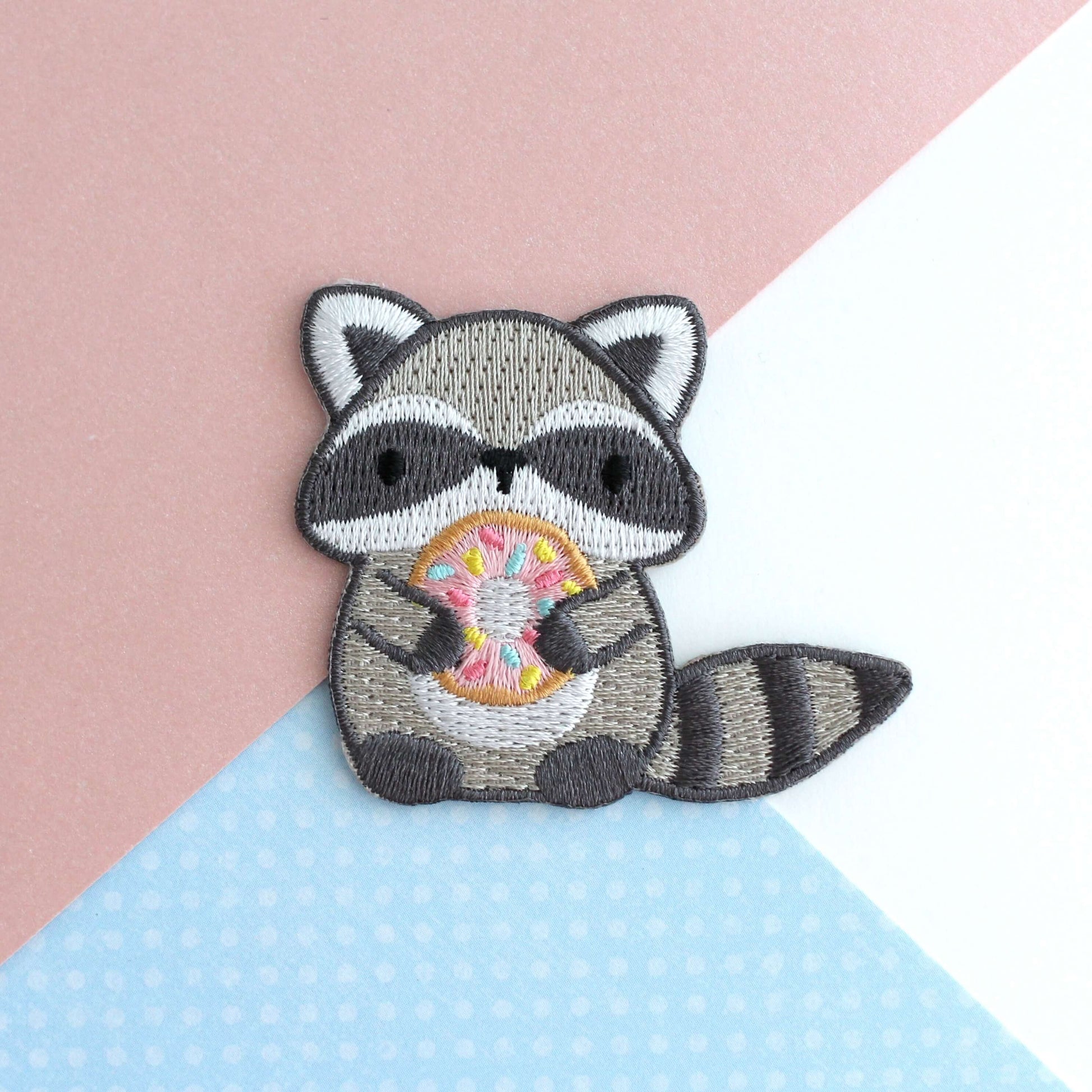 Raccoon Holding Donut Iron-On Embroidered Patch
