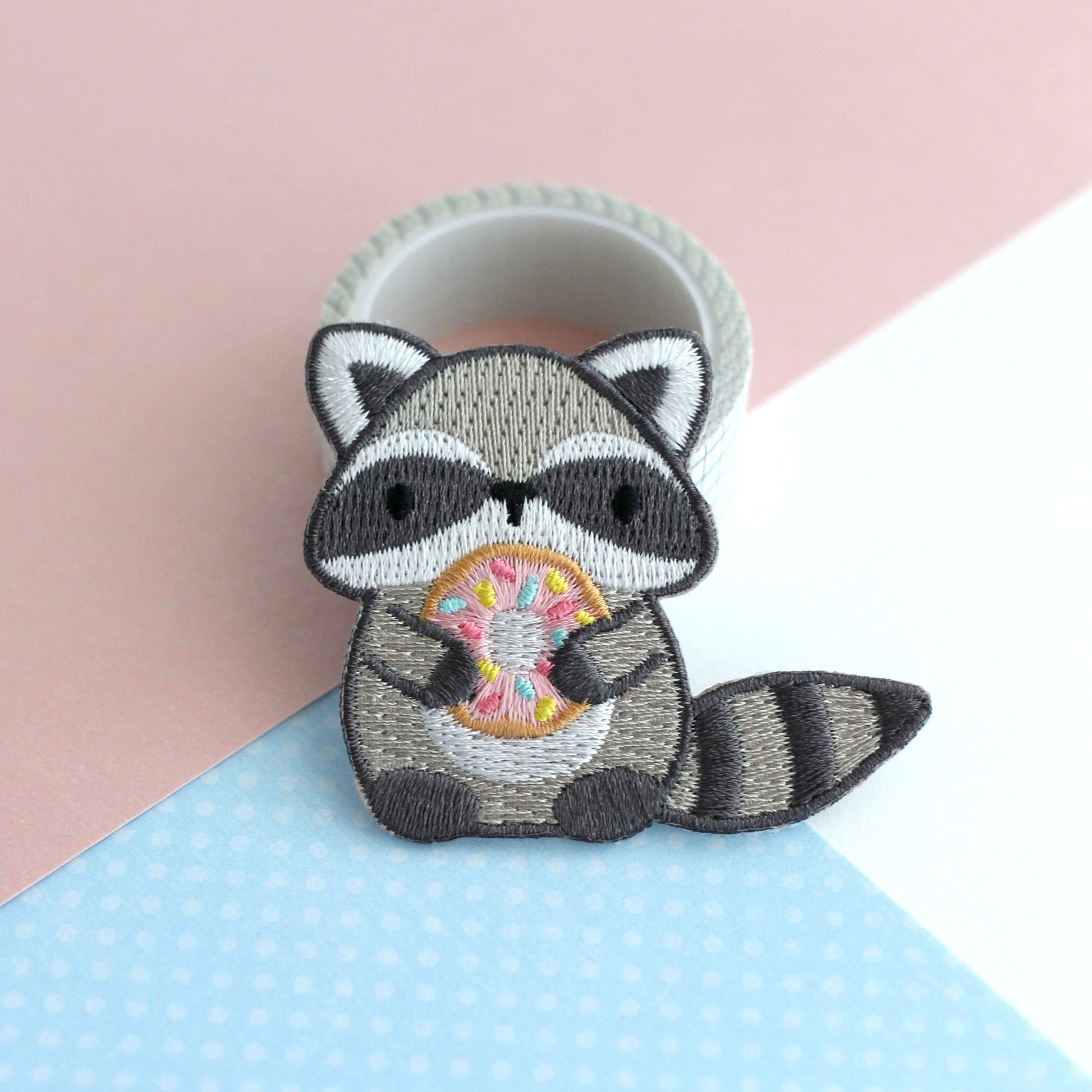 Raccoon Holding Donut Iron-On Embroidered Patch