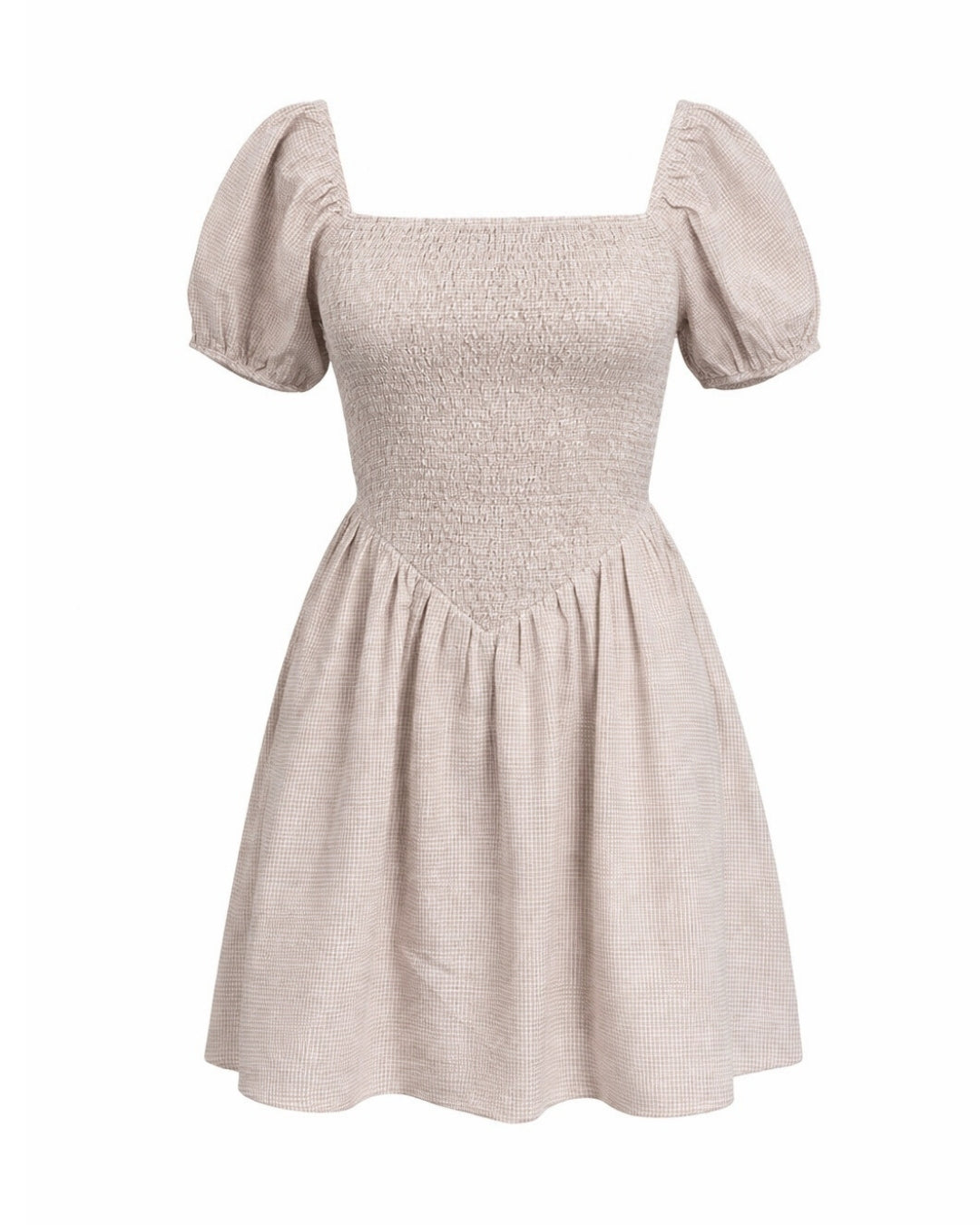 Ramona - Smocked Puff Sleeve Square Neck Dress Tan Gingham