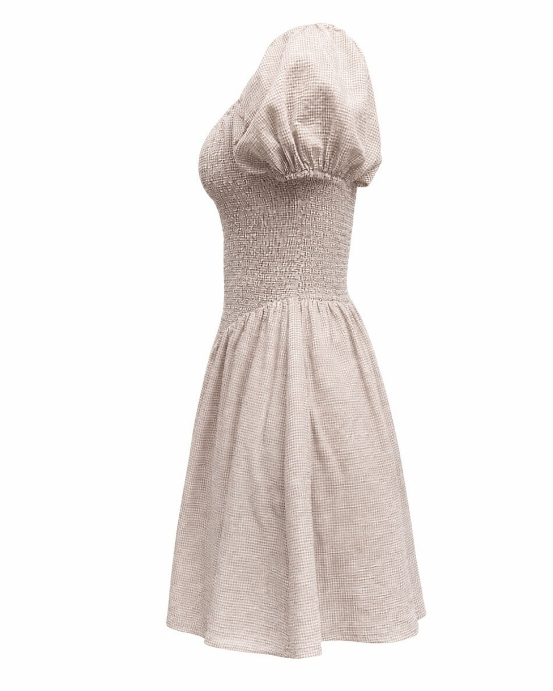 Ramona - Smocked Puff Sleeve Square Neck Dress Tan Gingham