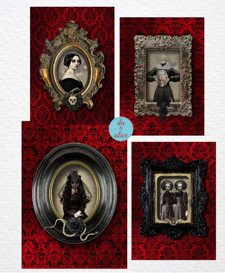 Spooky Ghoulish Women on Red Velvet Postcards