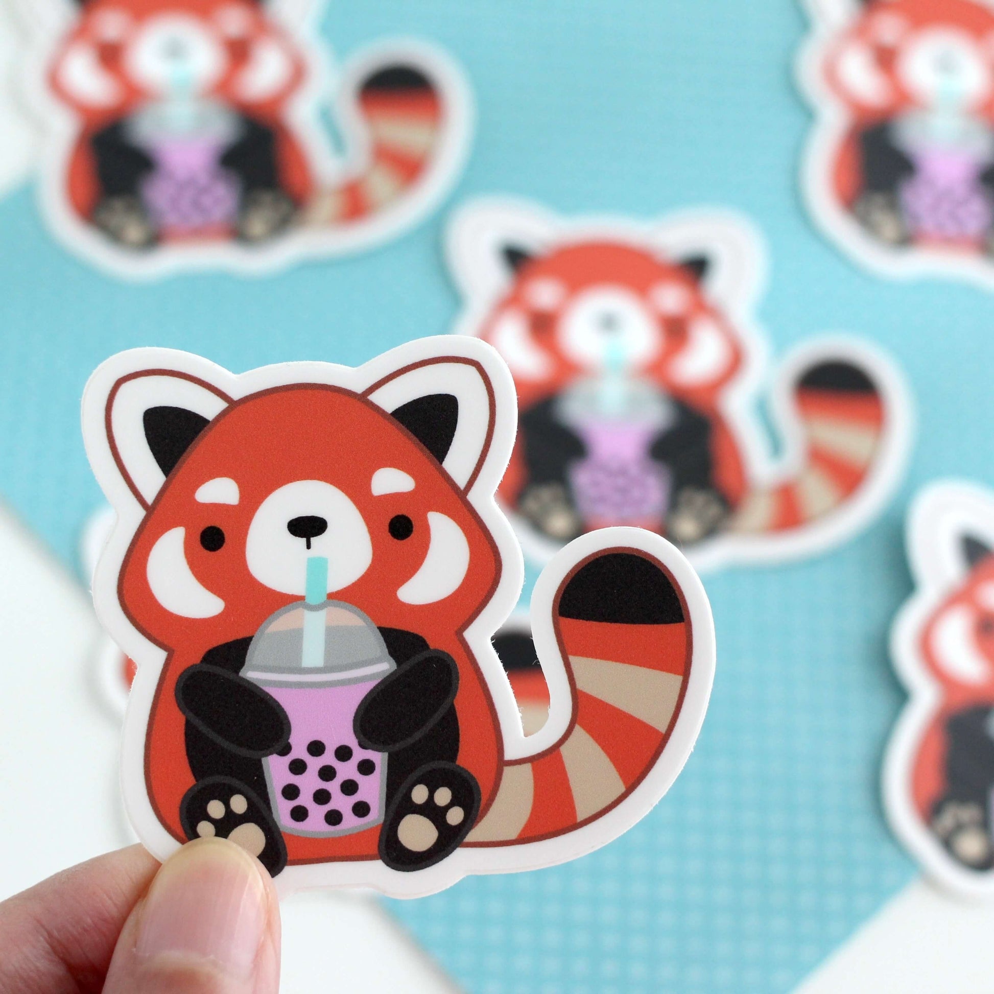 Red Panda Drinking Bubble Tea Vinyl Sticker. Boba Tumbler Water Bottle Decal