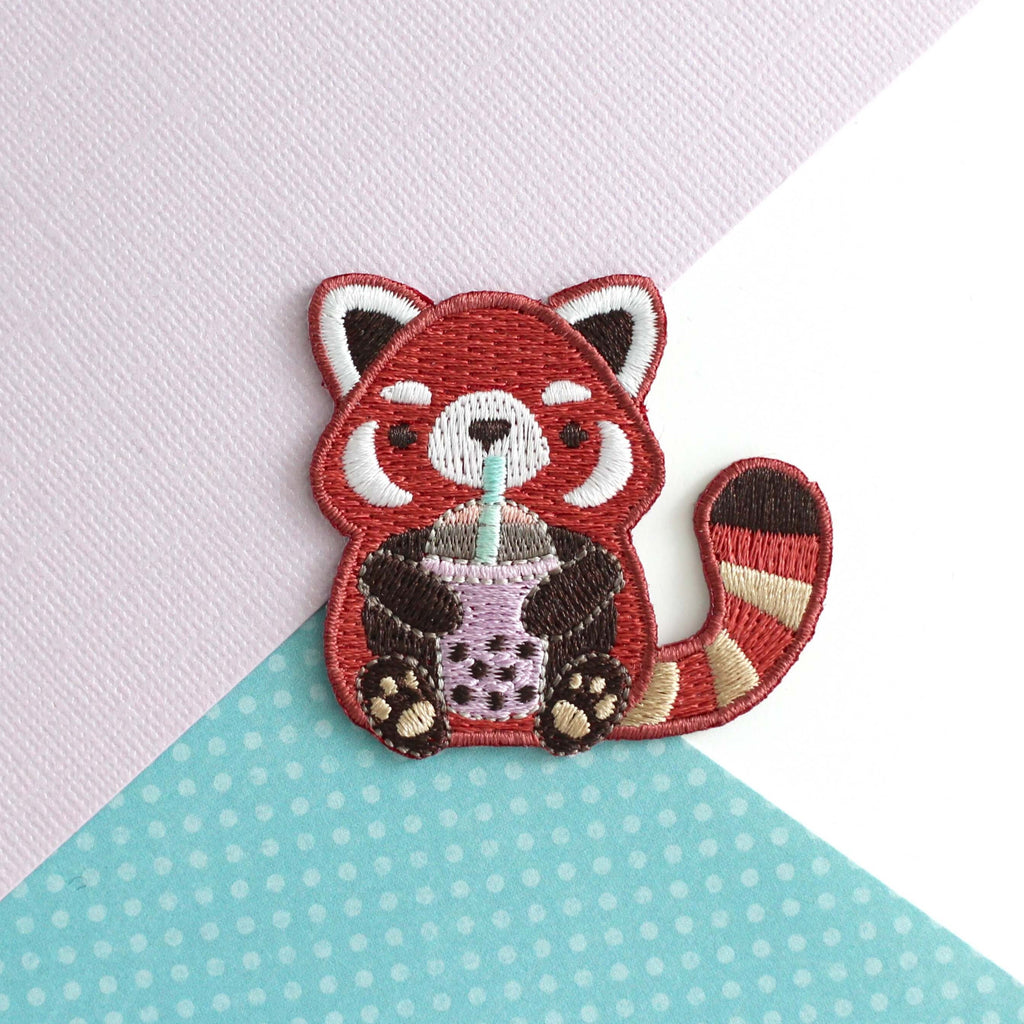 Patch thermocollant brodé Panda roux Bubble Tea