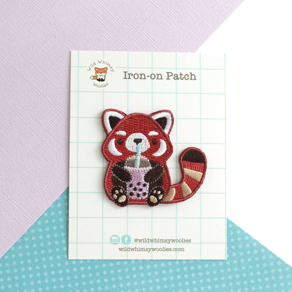 Patch thermocollant brodé Panda roux Bubble Tea