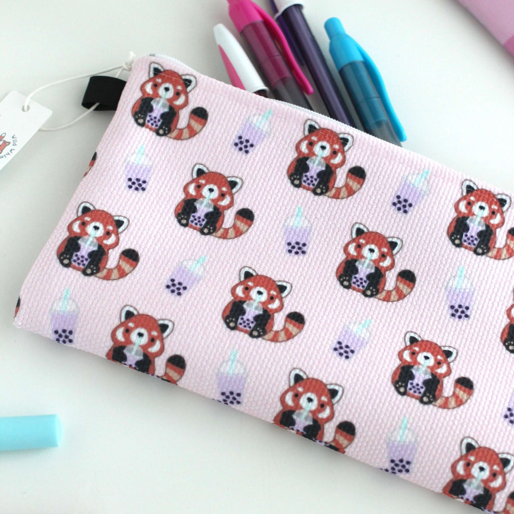 Trousse à crayons/pochette zippée Pandas roux avec thé aux perles