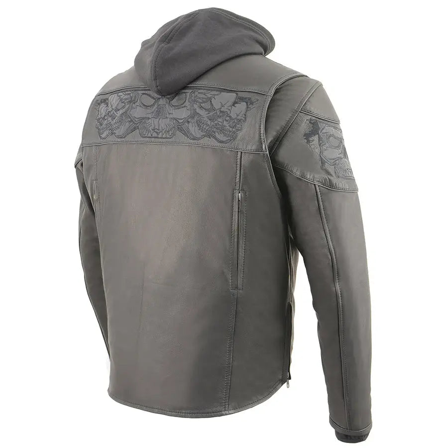 Milwaukee Leather Men's Crossover Scooter Jacket w/ Reflective Skulls & Full Sleeve Removable Hoodie