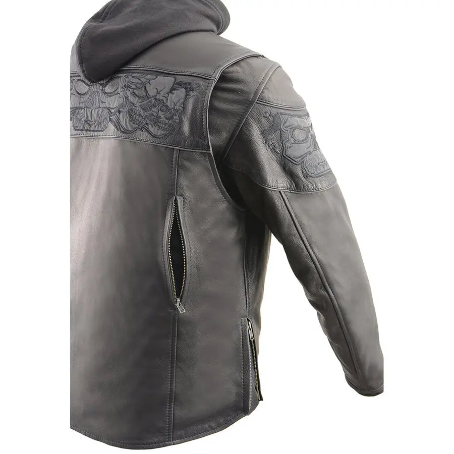Milwaukee Leather Men's Crossover Scooter Jacket w/ Reflective Skulls & Full Sleeve Removable Hoodie
