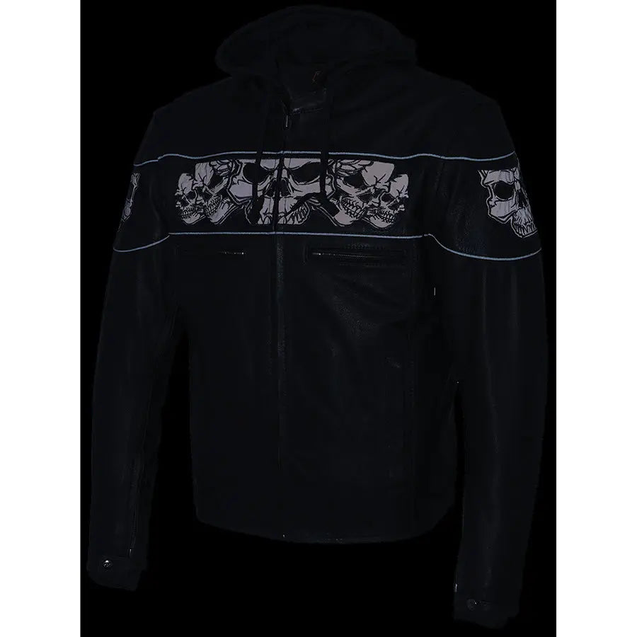 Milwaukee Leather Men's Crossover Scooter Jacket w/ Reflective Skulls & Full Sleeve Removable Hoodie