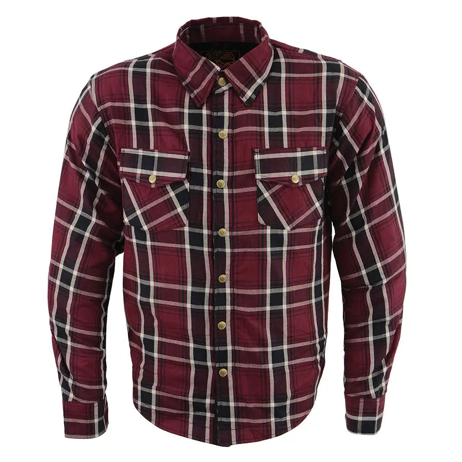 Milwaukee Leather Men's Maroon Checkered Armored Flannel Biker Shirt w/ Reinforced Fibers