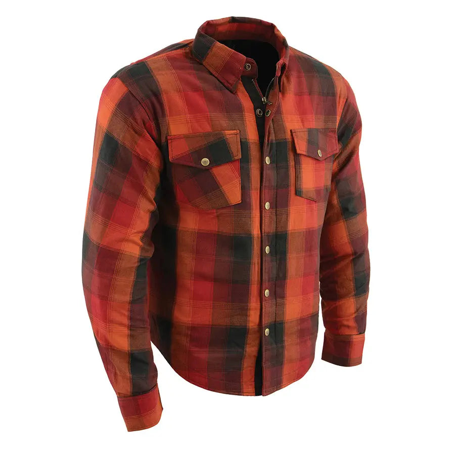 Milwaukee Leather Men's Red & Orange Armored Flannel Biker Shirt w/ Reinforced Fibers