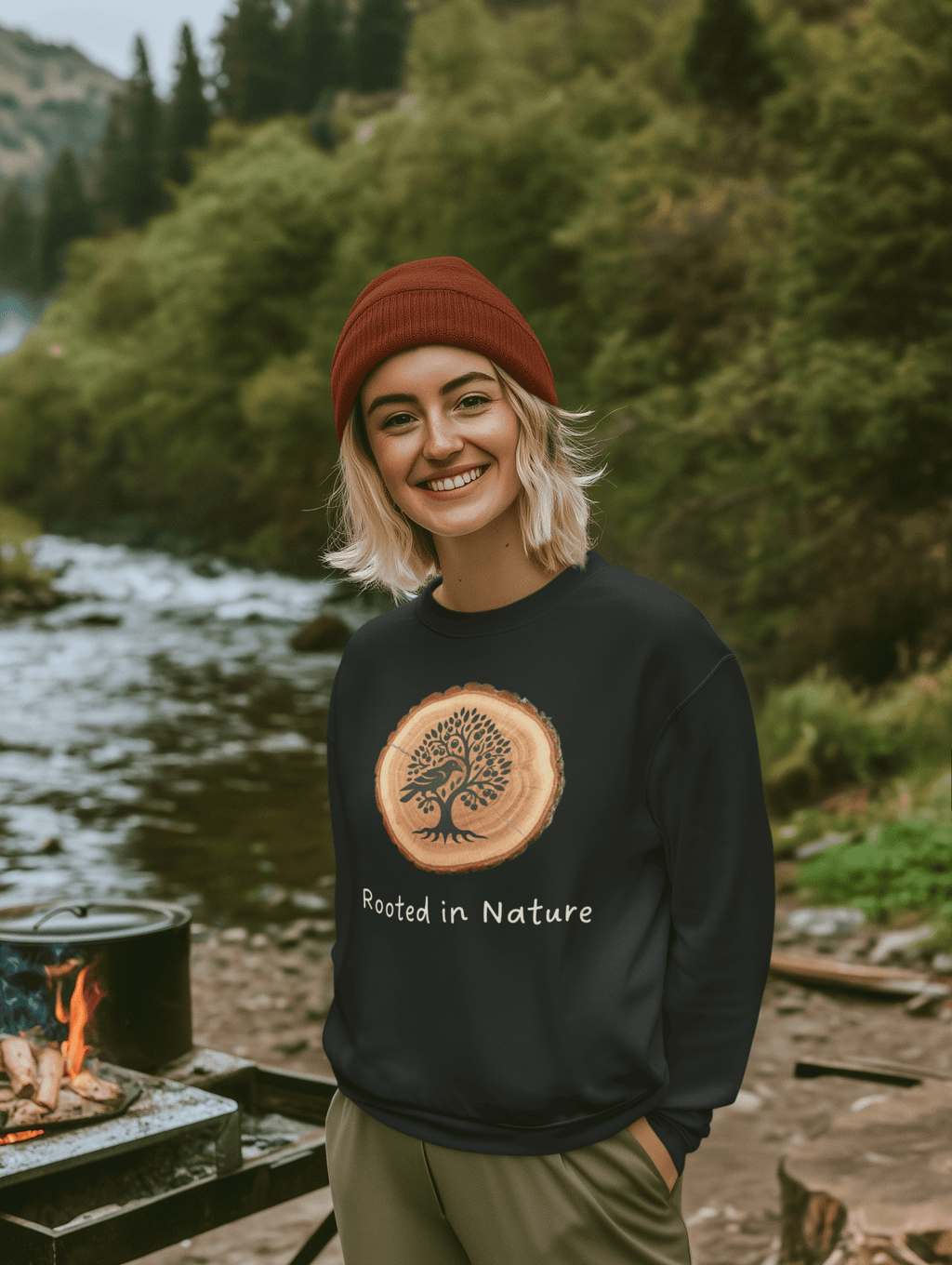 Sweat-shirt ras du cou unisexe Rooted in Nature - Texte blanc, coupe classique