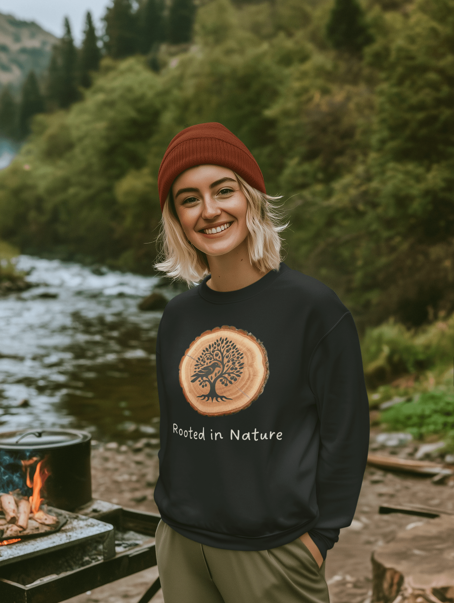 Sweat-shirt ras du cou unisexe Rooted in Nature - Texte blanc, coupe classique