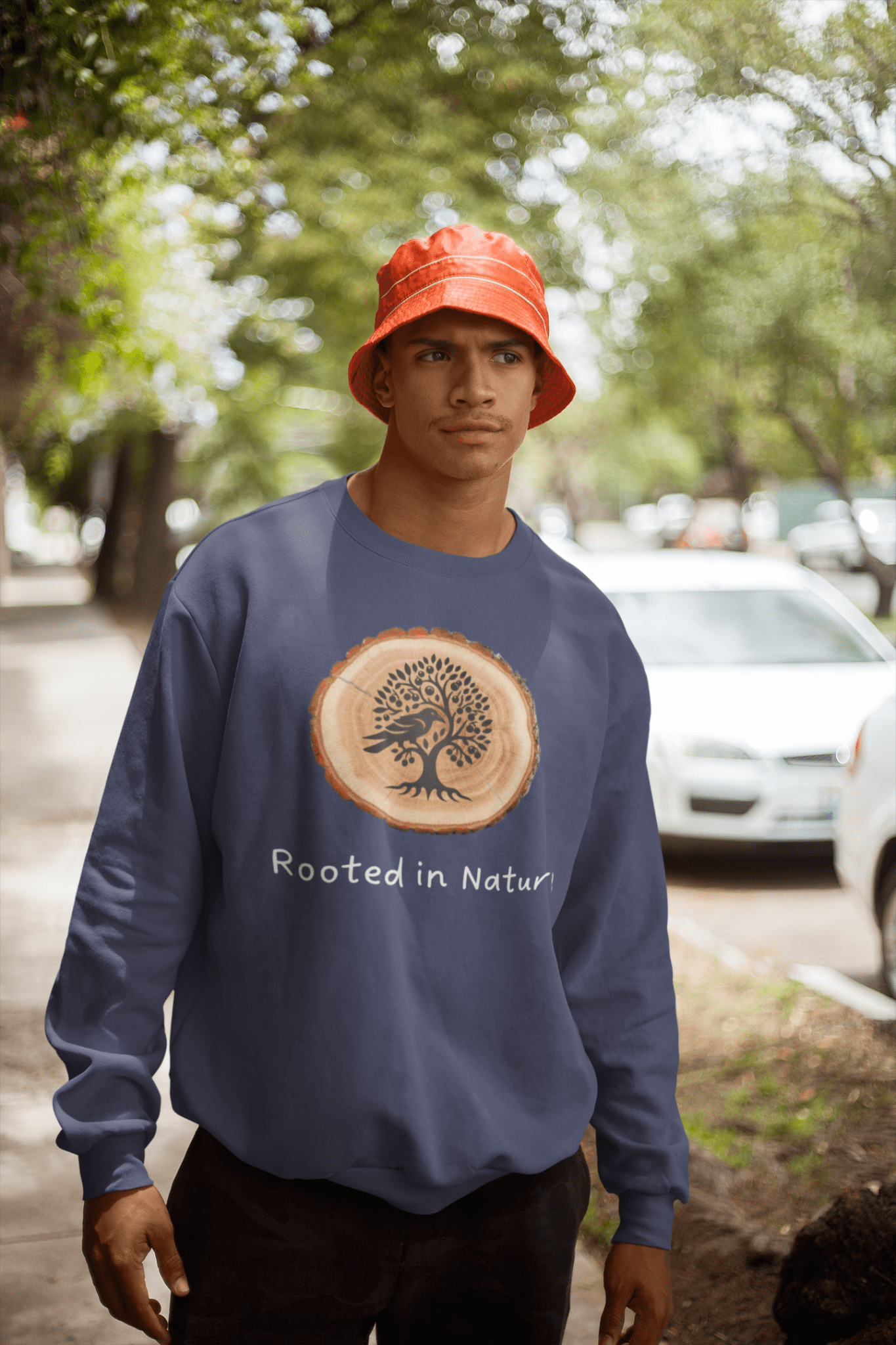 Sweat-shirt ras du cou unisexe Rooted in Nature - Texte blanc, coupe classique