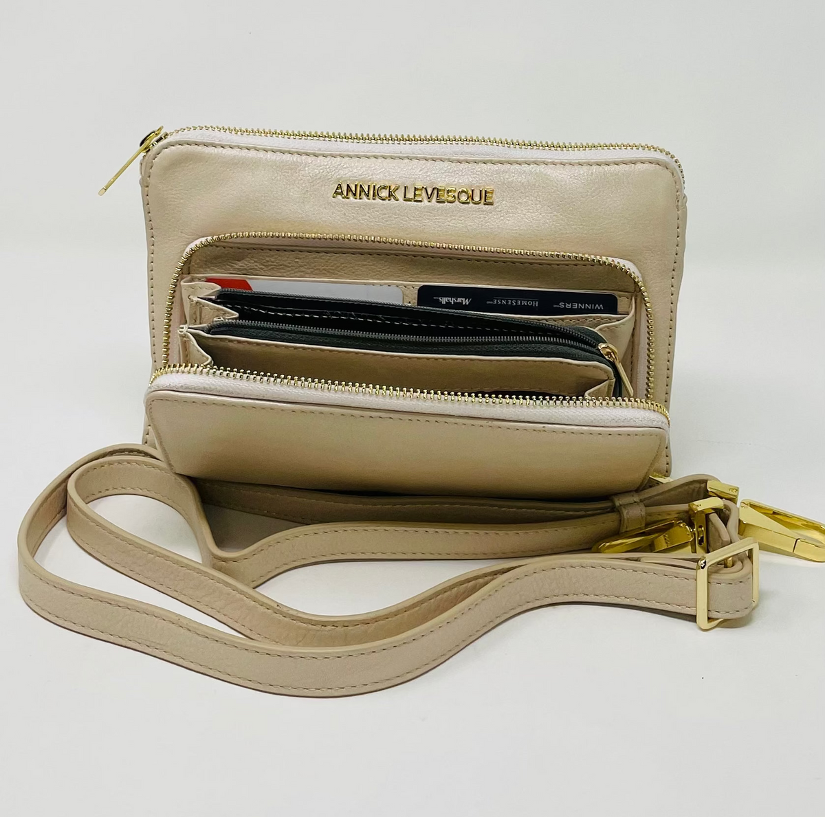 Small Leather Shoulder Bag Wallet Champagne, Carmen