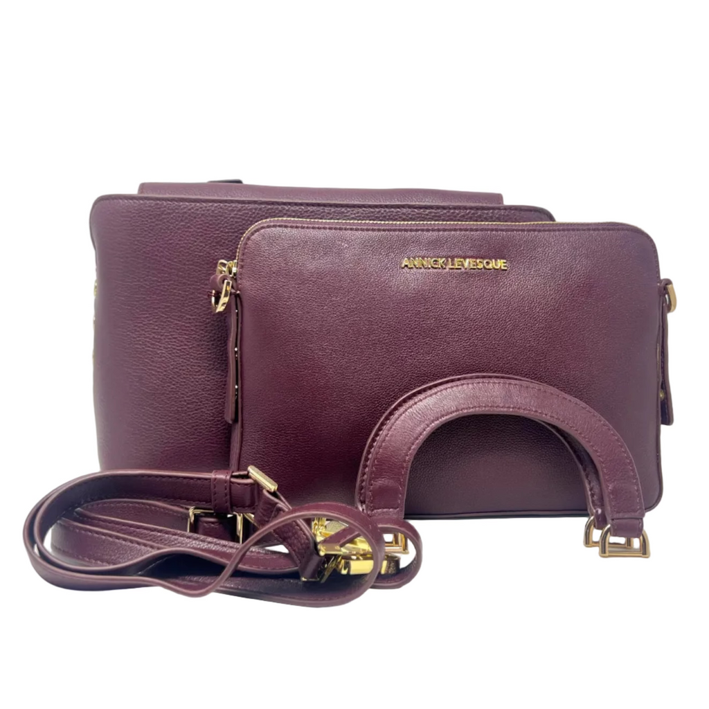 Two-in-One Leather Handbag, Eggplant, Medium Clarence