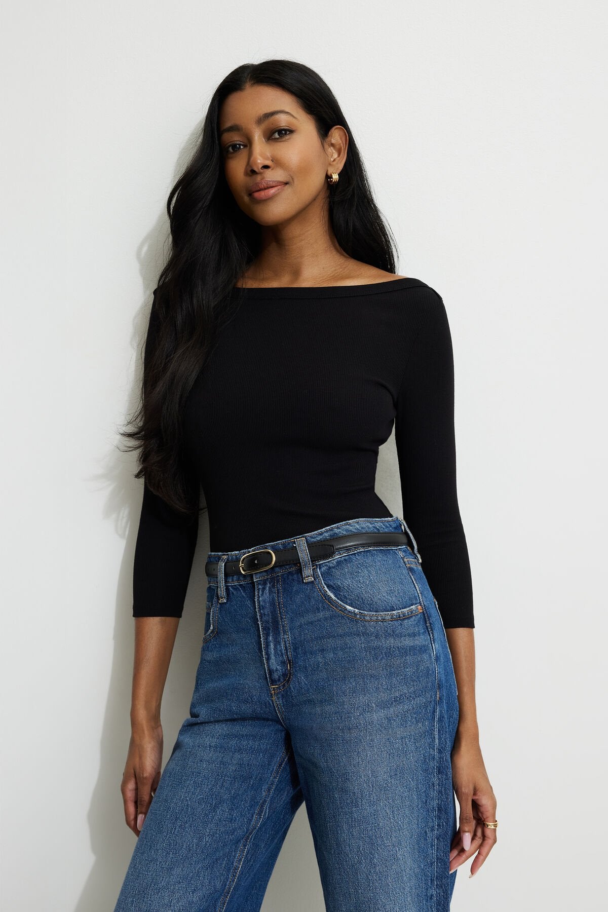 Ribbed Three Quarter Sleeve T Shirt