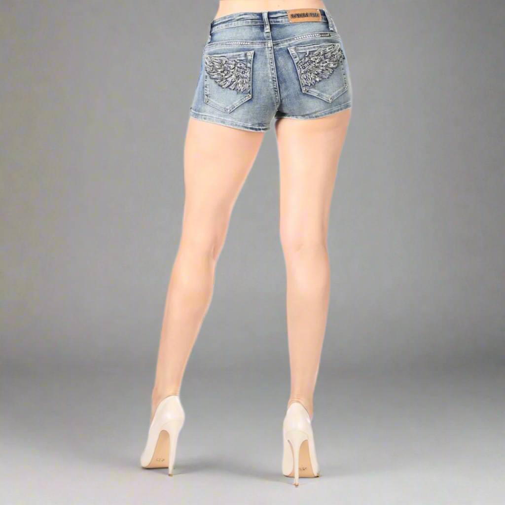 Bus Stop Women's Rhinestone Angel Wing Denim Shorts
