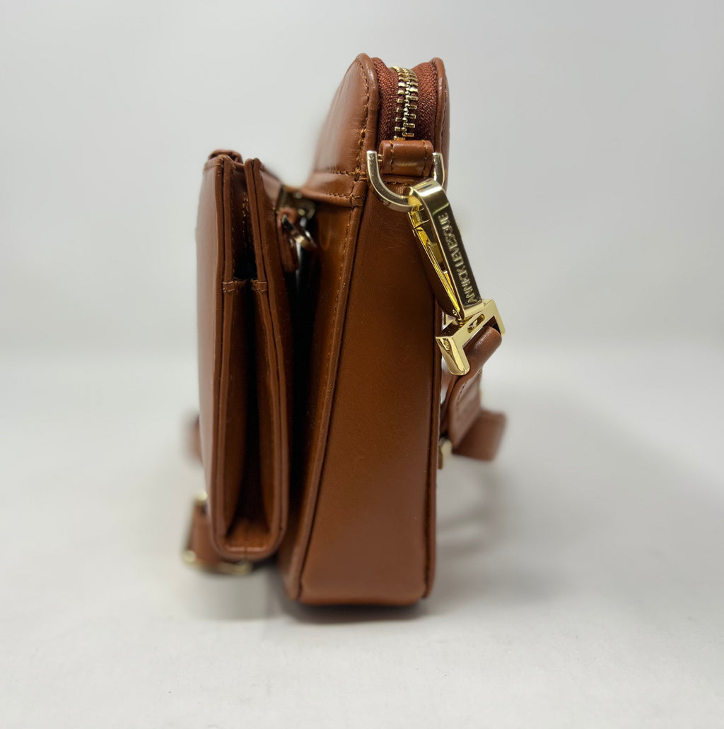 Small 2-in-1 Crossbody Bag with Detachable Card Holder in Cognac Leather, Kennedi