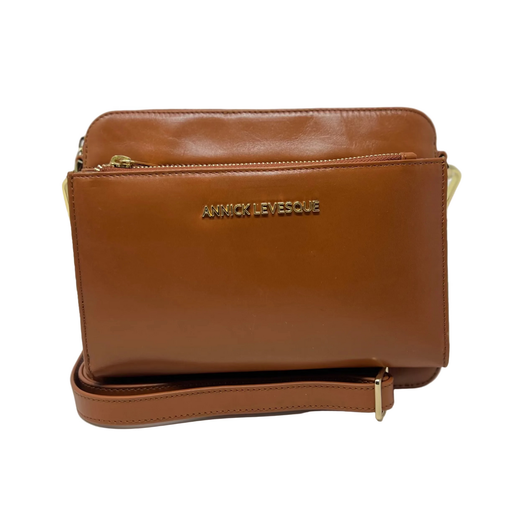 Small 2-in-1 Crossbody Bag with Detachable Card Holder in Cognac Leather, Kennedi