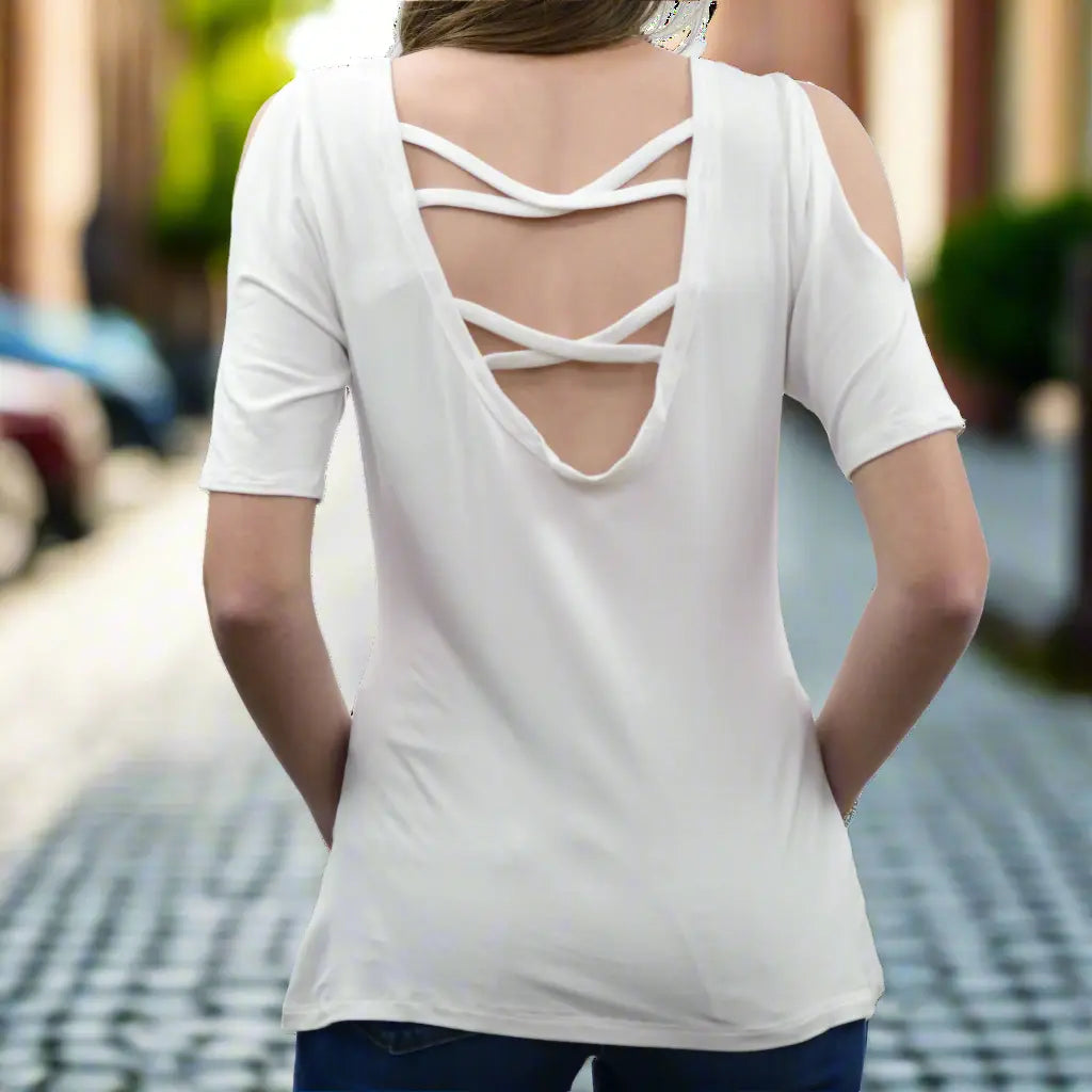 Scoop Neck Tee with Steer Head, Cross, and Feather Details