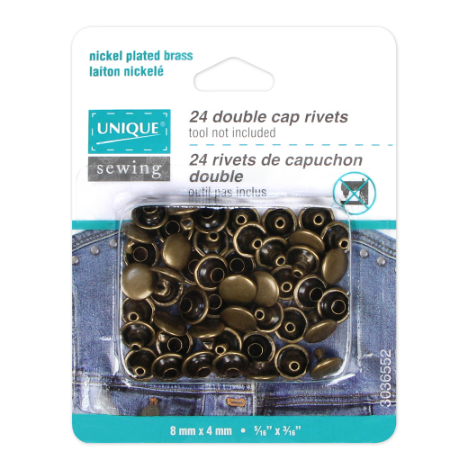 UNIQUE SEWING Double Cap Rivets - Nickel plated brass - 8mm x 4mm (5/16″ x 3/16″) - 24 pcs