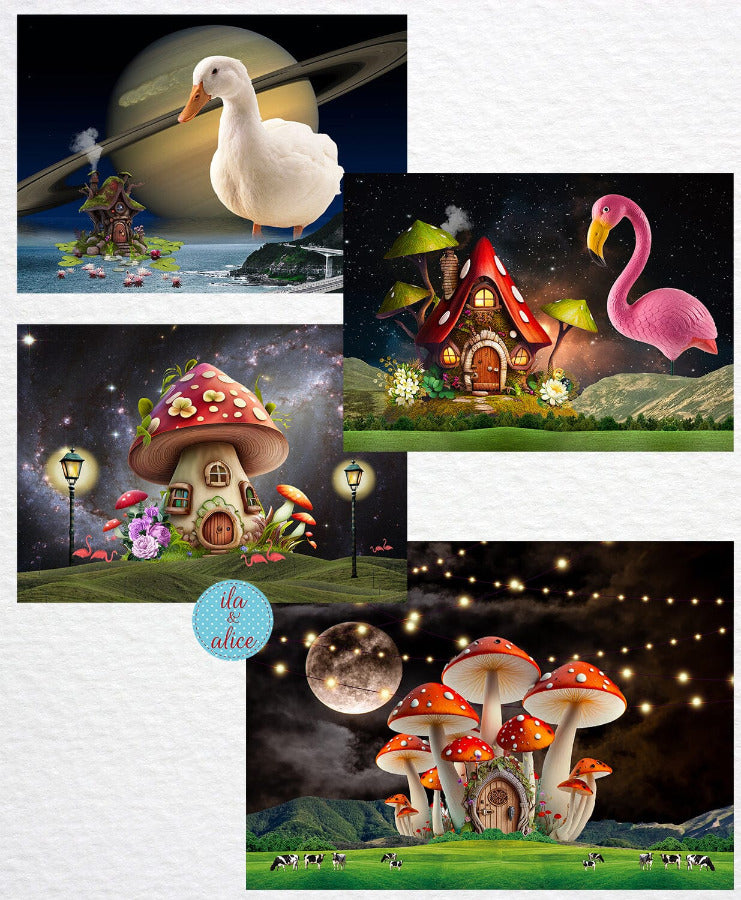 Cosmic Cottages with Mushrooms Collage Art Postcards